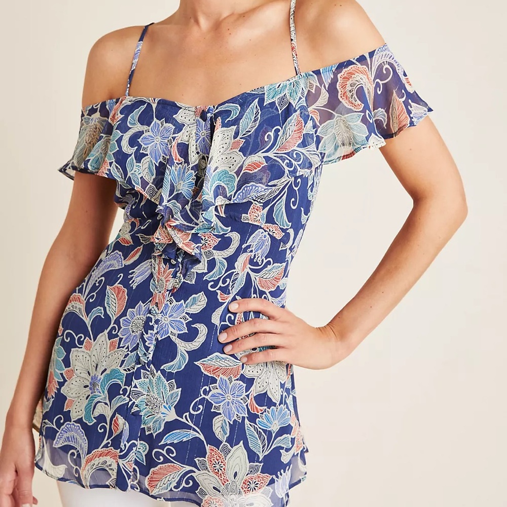 NWT Maeve Mariposa Open-Shoulder Ruffled Top